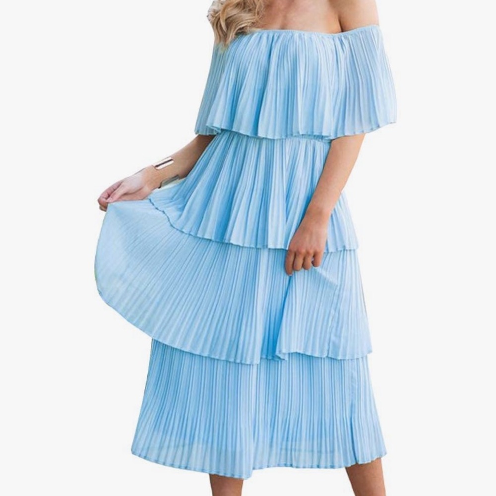 Baby blue Off The Shoulder Ruffle Summer Dress